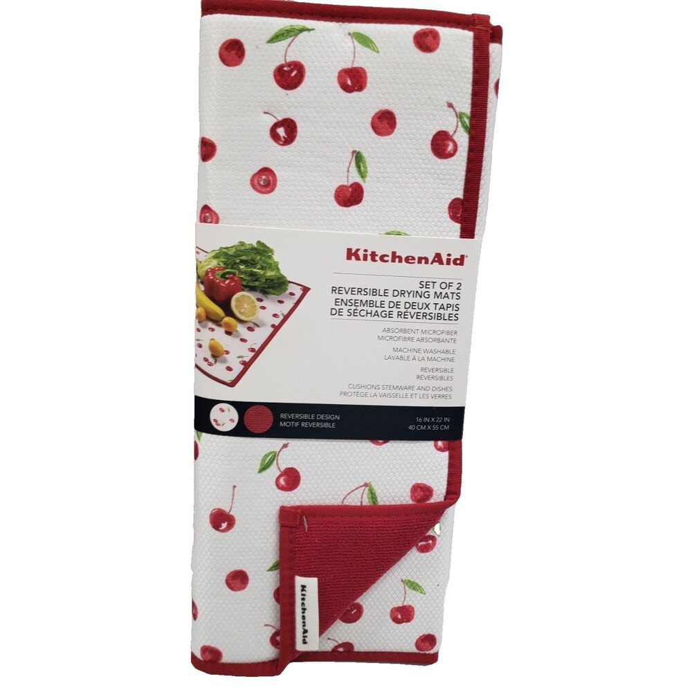 Set of 2 Same Reversible Microfiber Drying Mats(16"x22") RED CHERRIES,KitchenAid